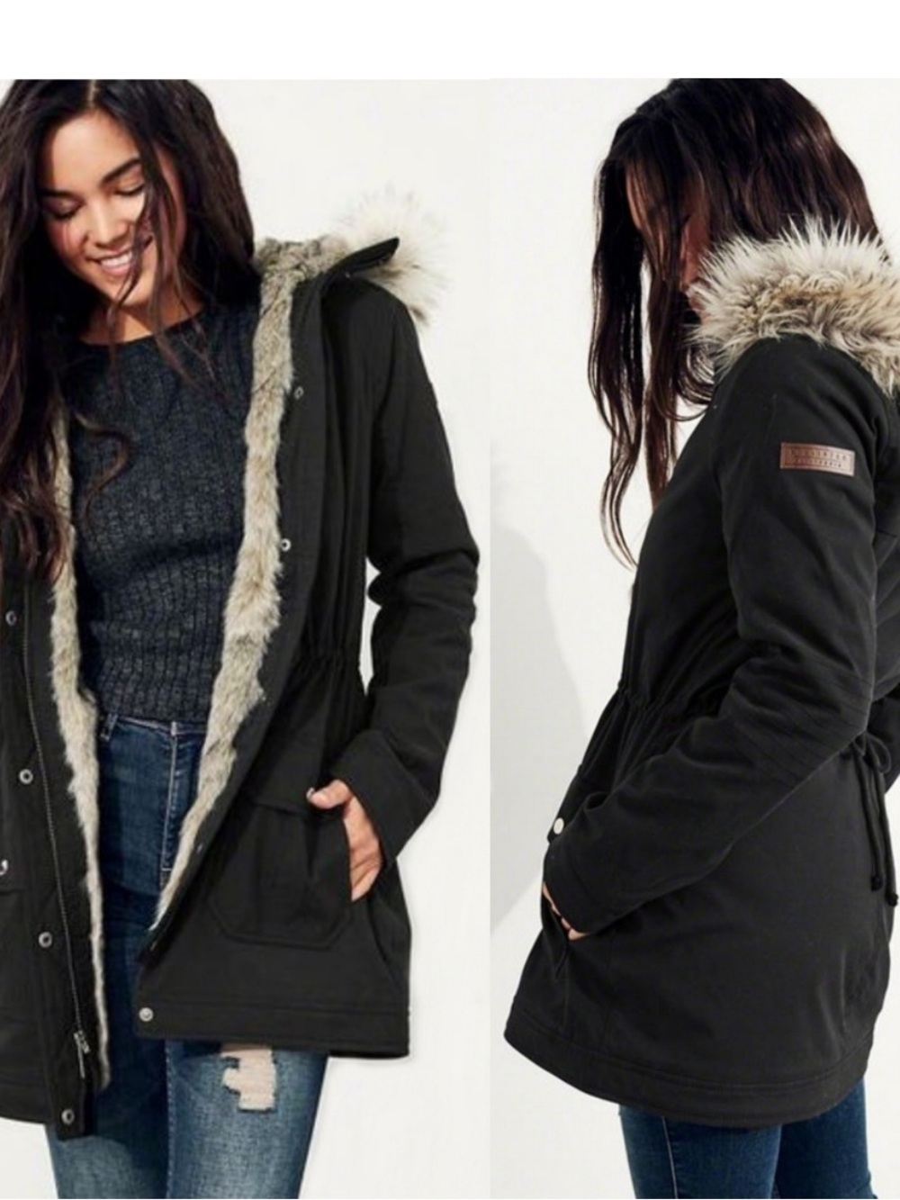 Hollister Navy Stretch Faux Fur Lined Utility Parka Jacket Size Small Y2K Winter
